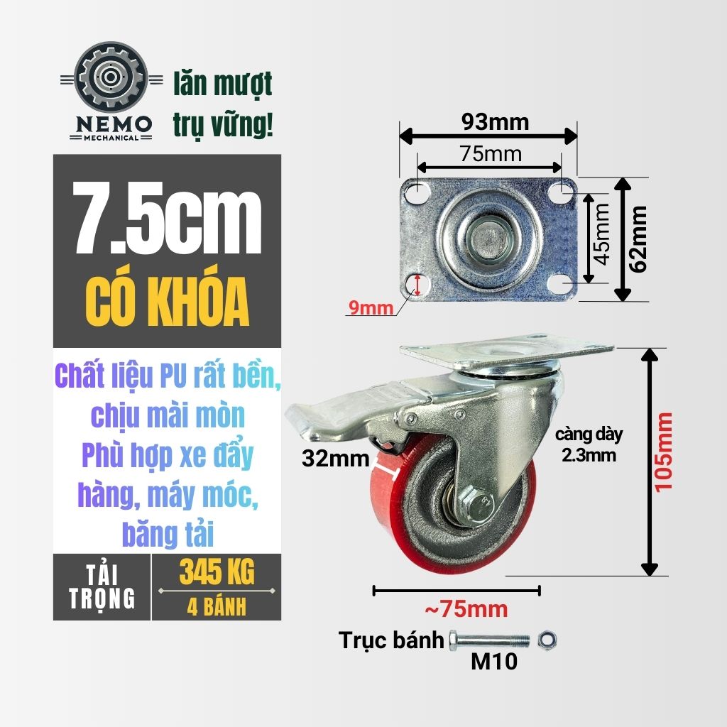 Bánh Xe PU Cốt Sắt Tải Trung – Siêu Bền, Kháng Dầu Mỡ (D75, D100, D125)